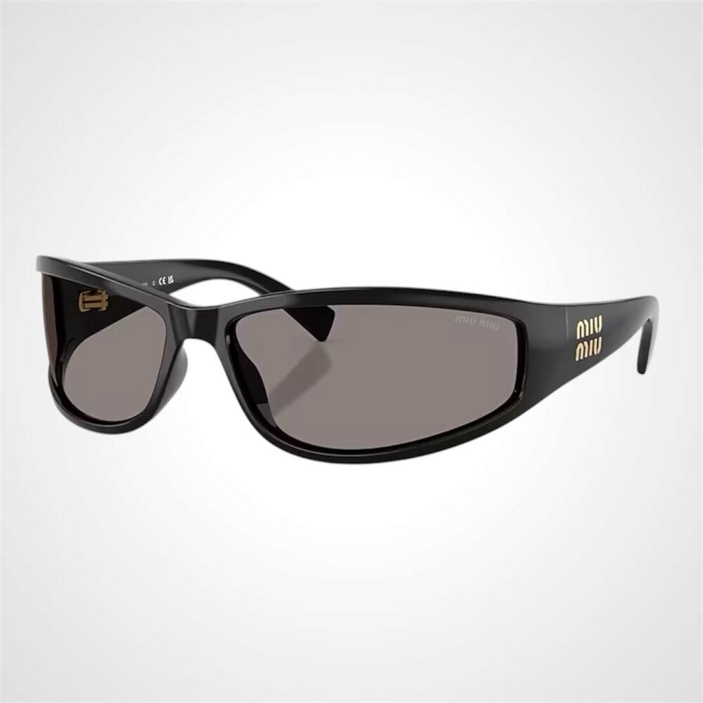 MIU MIU Sunglasses Black Wrap Gold Logo Gray Lens Authentic New